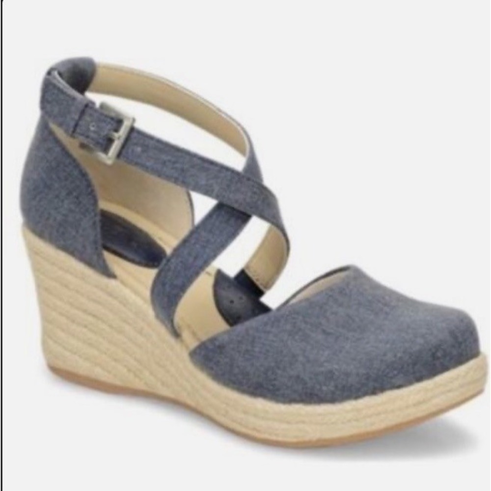 B.O.C. by  Born Bree Espadrille Canvas Blue Denim Cross Ankle Straps Wedge Sz 7